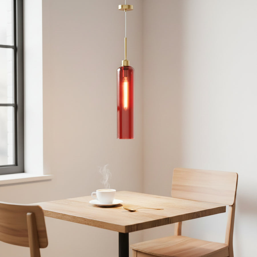 Modern Red Glass Pendant Light with Gold Finish & T30 Bulb | Adjustable Hanging Ceiling Lamp (41 cm Shade)