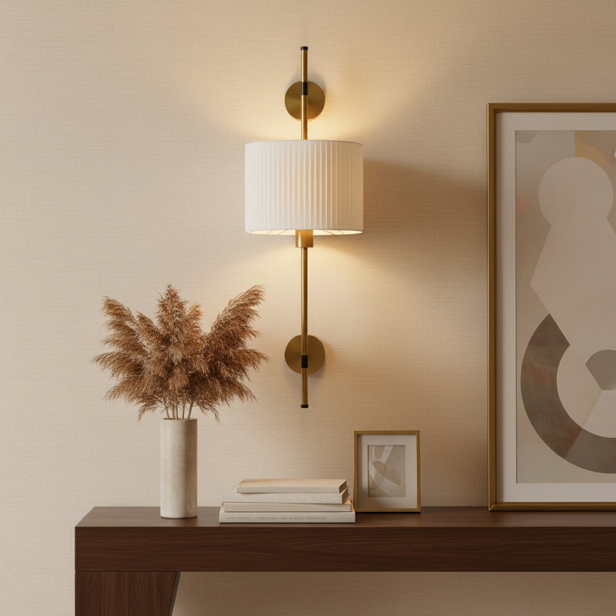 Modern Brass Wall Light with White Pleated Shade | E27 Decorative Wall Lamp