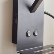 Modern Bedside Wall Light with E27 Holder, Adjustable LED Reading Light, USB Charging Port & Mobile Shelf | Black Metal Finish
