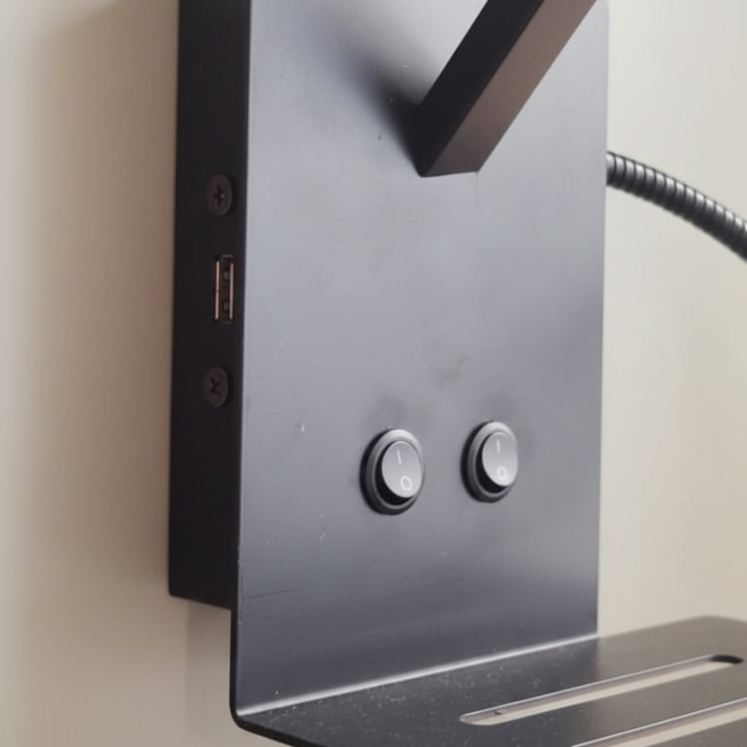 Modern Bedside Wall Light with E27 Holder, Adjustable LED Reading Light, USB Charging Port & Mobile Shelf | Black Metal Finish