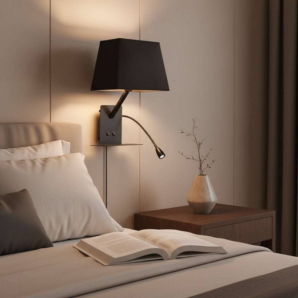 Modern Bedside Wall Light with E27 Holder, Adjustable LED Reading Light, USB Charging Port & Mobile Shelf | Black Metal Finish