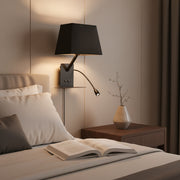 Modern Bedside Wall Light with E27 Holder, Adjustable LED Reading Light, USB Charging Port & Mobile Shelf | Black Metal Finish