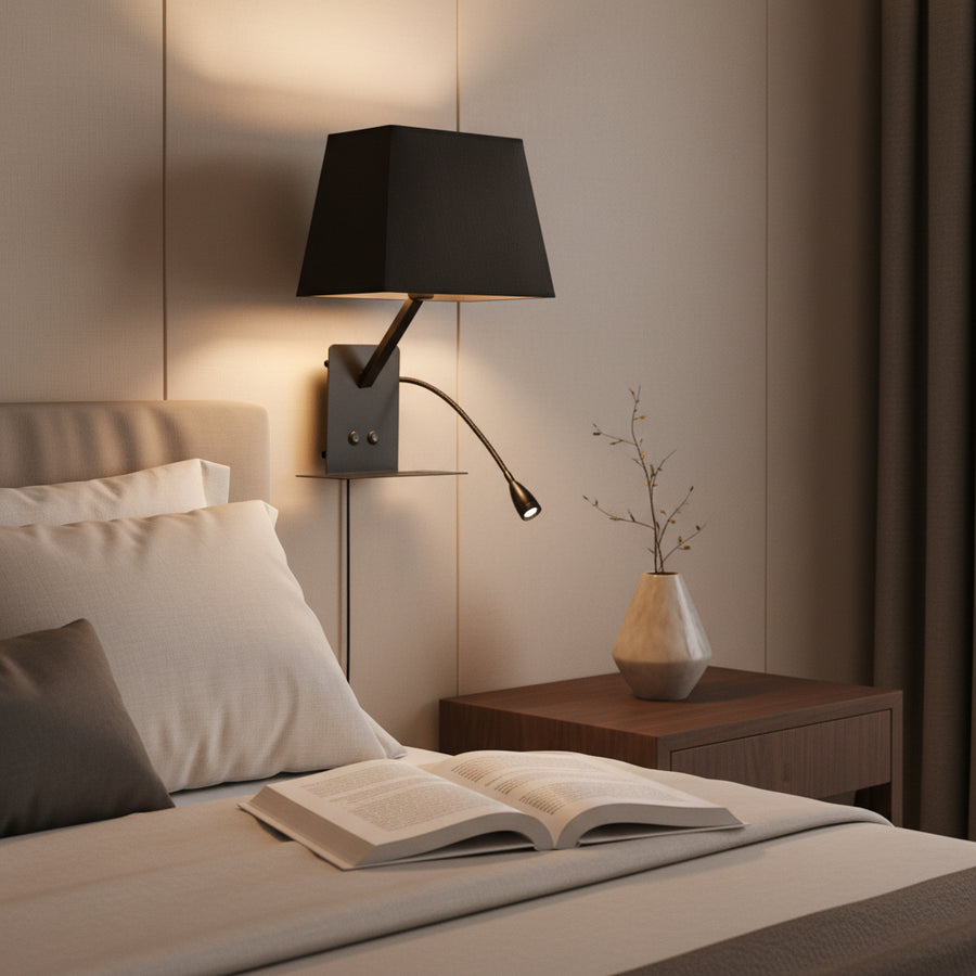 Modern Bedside Wall Light with E27 Holder, Adjustable LED Reading Light, USB Charging Port & Mobile Shelf | Black Metal Finish