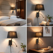 Modern Bedside Wall Light with E27 Holder, Adjustable LED Reading Light, USB Charging Port & Mobile Shelf | Black Metal Finish