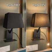 Modern Bedside Wall Light with E27 Holder, Adjustable LED Reading Light, USB Charging Port & Mobile Shelf | Black Metal Finish