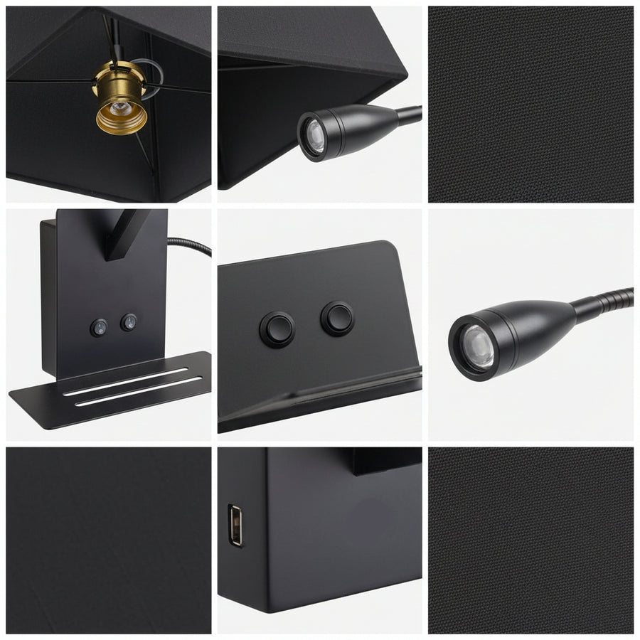 Modern Bedside Wall Light with E27 Holder, Adjustable LED Reading Light, USB Charging Port & Mobile Shelf | Black Metal Finish
