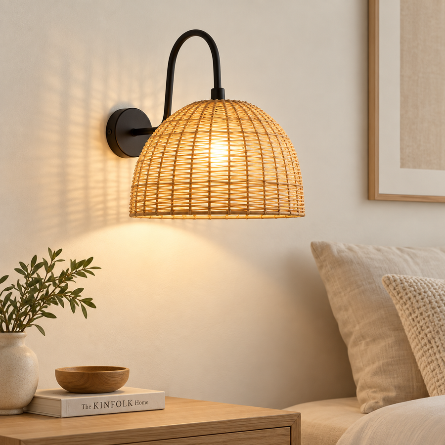 Handwoven Rattan Dome Wall Light – Wide Natural Beige Shade with Matte Black Arm