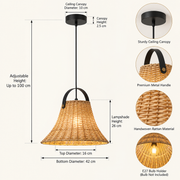 Coral Tree Handwoven Rattan Pendant Light, Natural Wicker Bell-Shaped Hanging Lamp with Black Metal Handle, E27 Holder, Adjustable Height up to 100 cm, Boho Ceiling Light for Dining Room, Café, Kitchen & Living Room