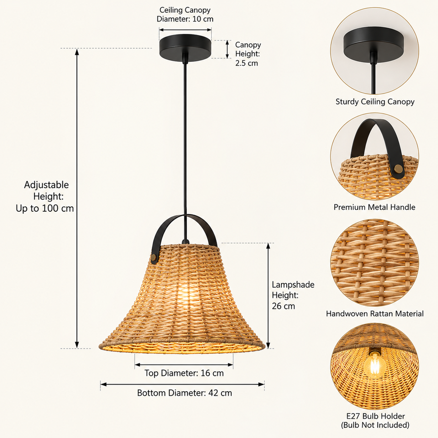 Natural Woven Rattan Pendant Light – Adjustable Hanging Ceiling Lamp (42 cm)