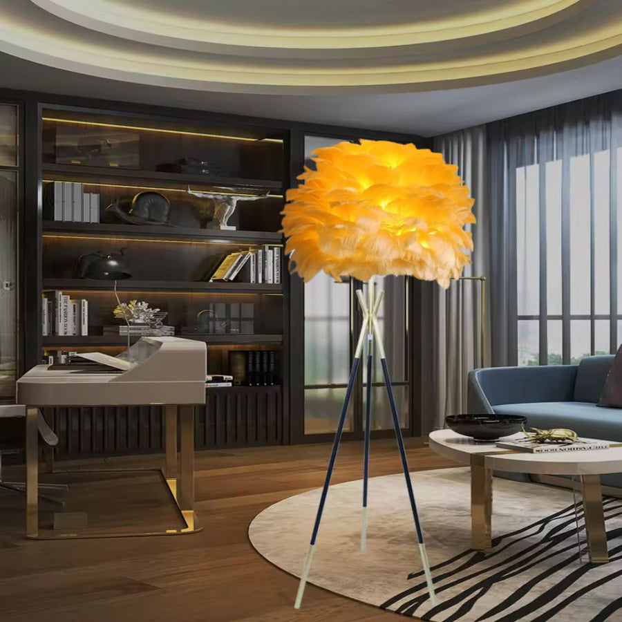 Floor Lamp Metal with Shelves Tripod with Suspended Feather Lamp shade