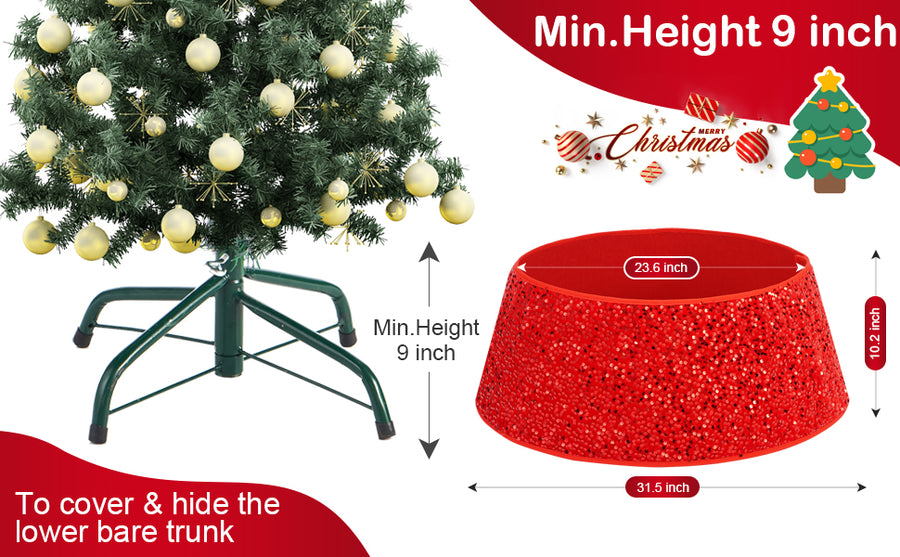 Coral Tree 31.5-Inch Red Glitter Christmas Tree Collar – Premium Sequined Tree Base Cover with 23.6-Inch Top Opening, 10.2-Inch Height – Durable Holiday Décor Stand Cover for Artificial & Real Christmas Tree