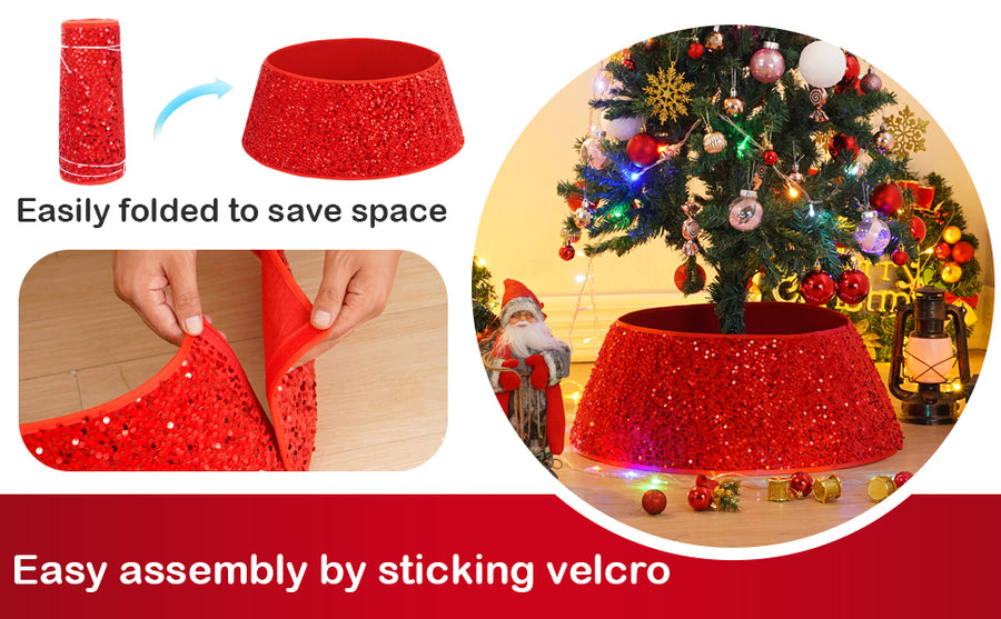 Coral Tree 31.5-Inch Red Glitter Christmas Tree Collar – Premium Sequined Tree Base Cover with 23.6-Inch Top Opening, 10.2-Inch Height – Durable Holiday Décor Stand Cover for Artificial & Real Christmas Tree