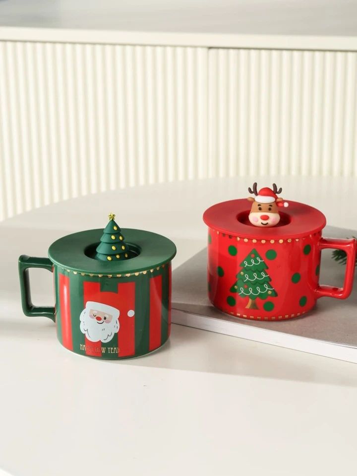 1pc Christmas Ceramic Cup With Silicon lid