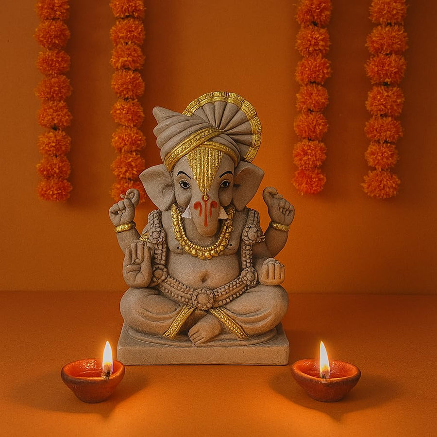 6 Inch Pagdi Clay Eco Friendly Golden Touch Dagdusheth Ganesh ji