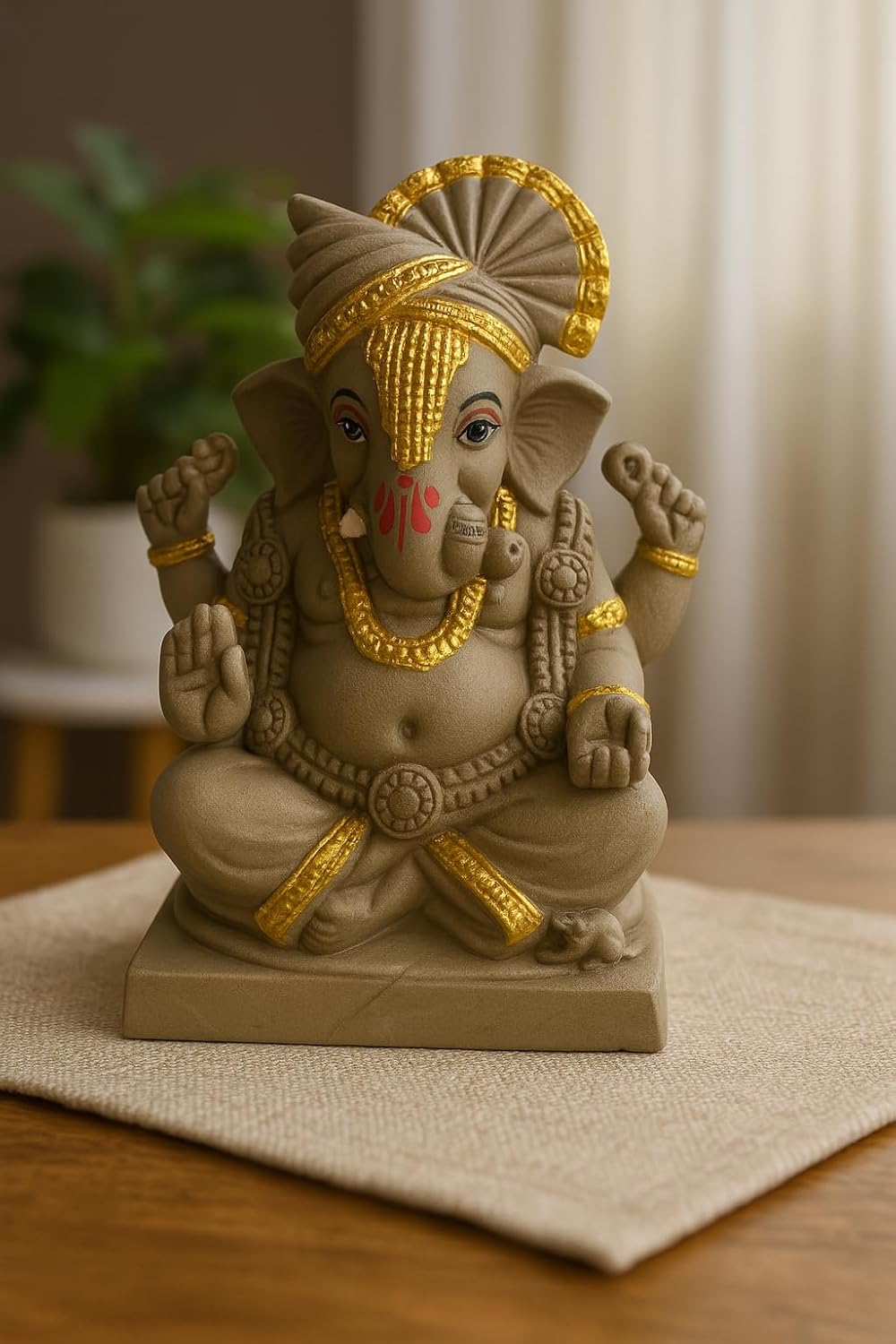 6 Inch Pagdi Clay Eco Friendly Golden Touch Dagdusheth Ganesh ji
