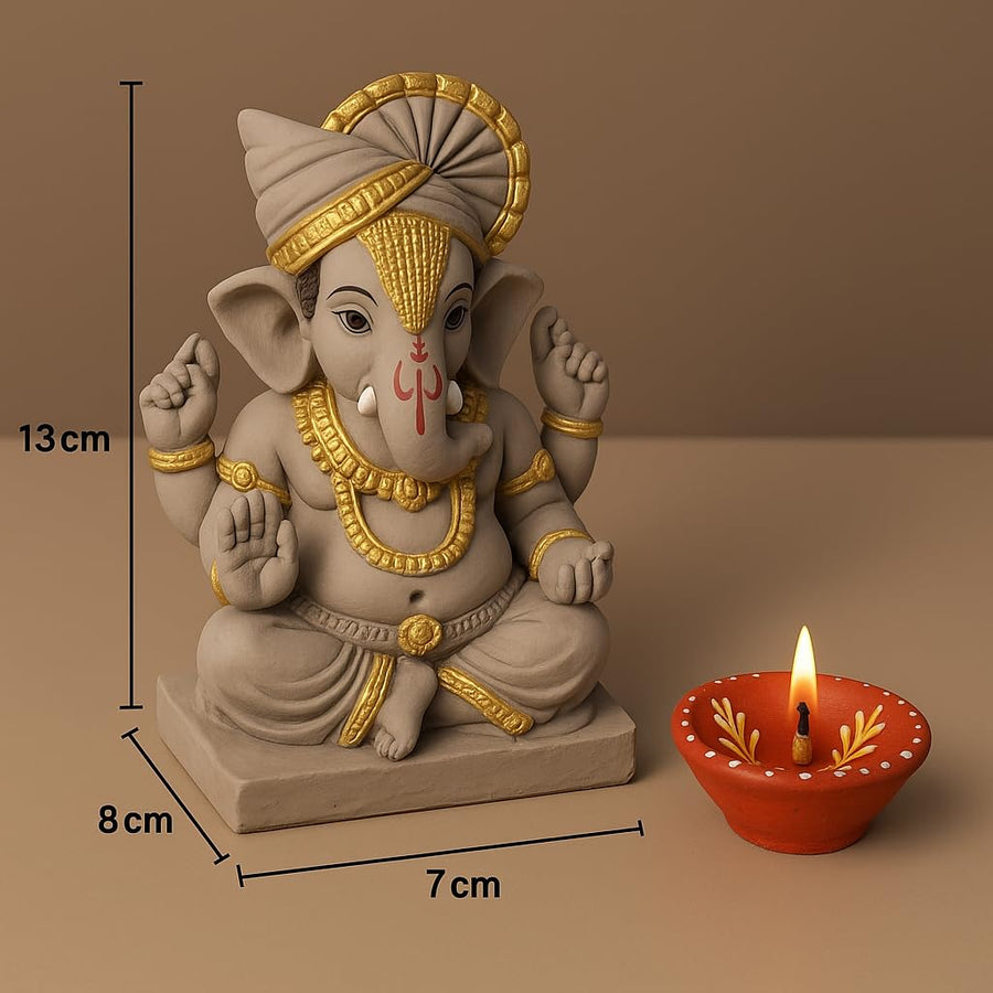 6 Inch Pagdi Clay Eco Friendly Golden Touch Dagdusheth Ganesh ji