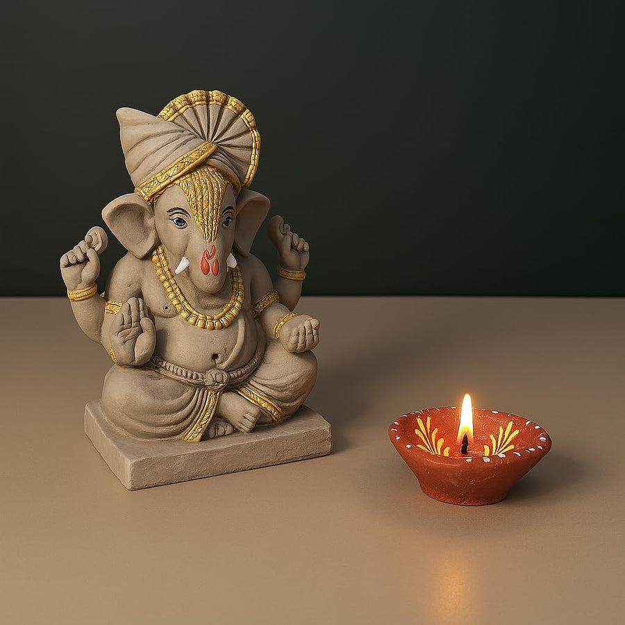 6 Inch Pagdi Clay Eco Friendly Golden Touch Dagdusheth Ganesh ji