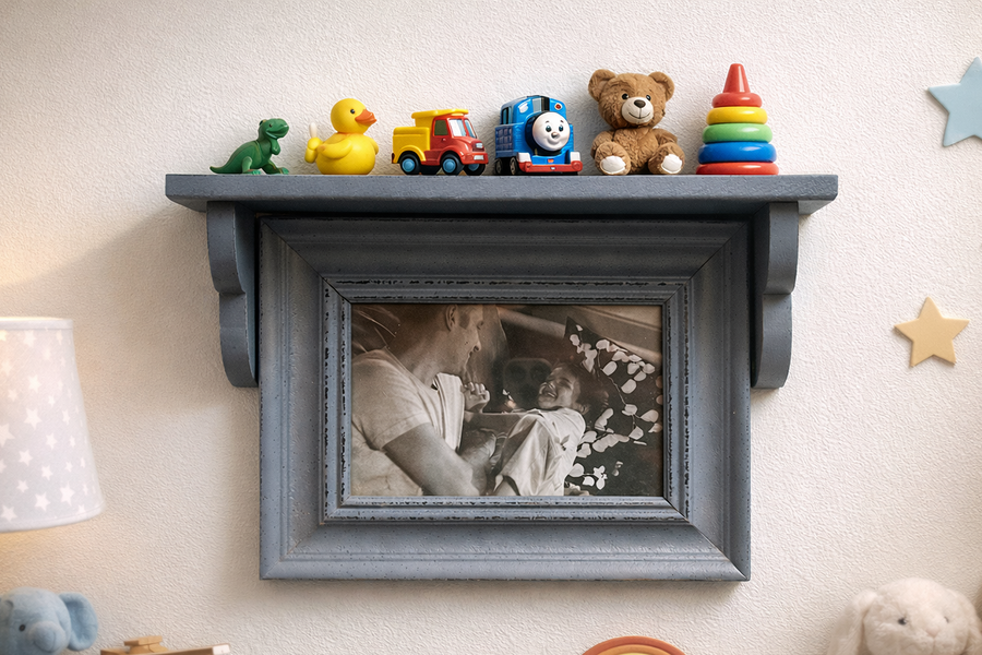 Horizontal GREY photoframe with wooden shelf