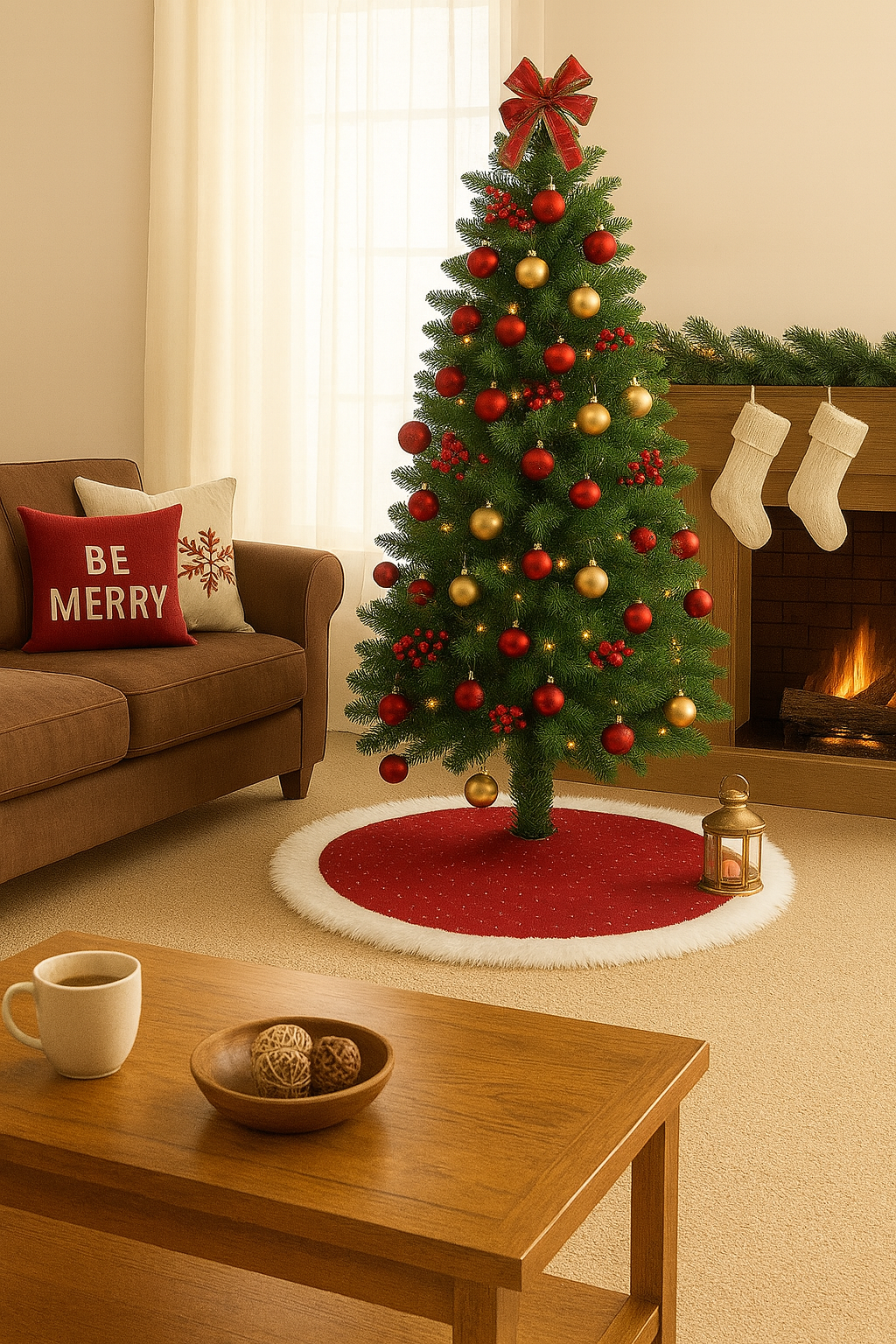 Red Velvet & White Faux-Fur Christmas Tree Skirt