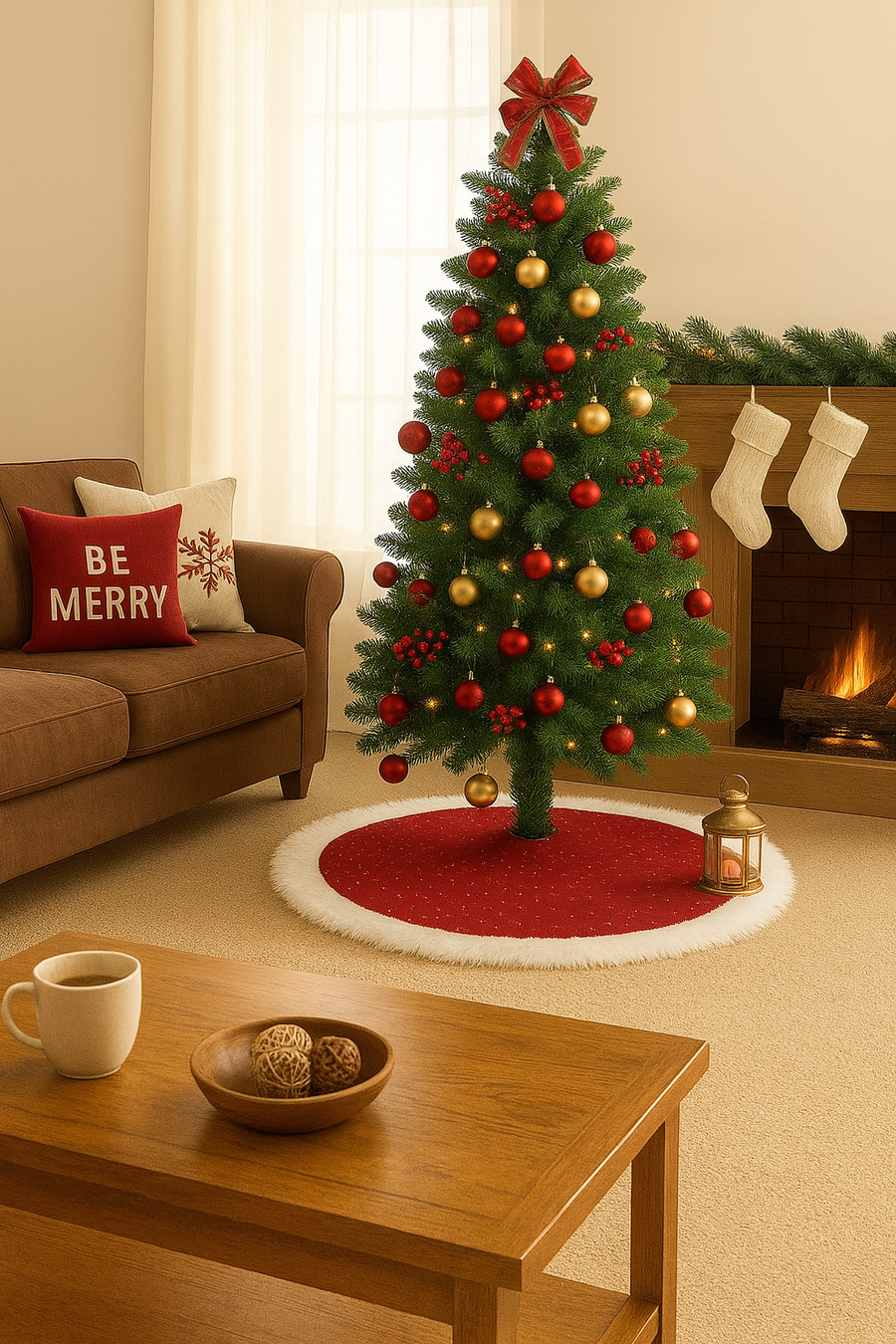 Red Velvet & White Faux-Fur Christmas Tree Skirt