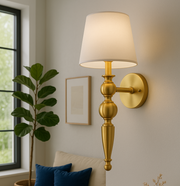 Golden Antique Finish Wall Lamp with Off White Cotton Fabric Shade