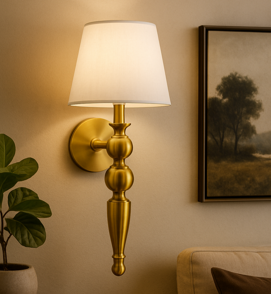 Golden Antique Finish Wall Lamp with Off White Cotton Fabric Shade