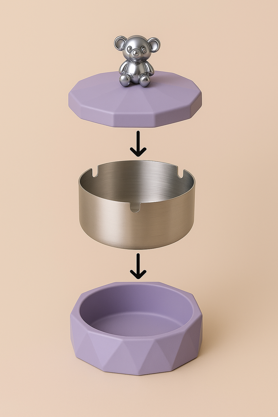Stainless Steel & Plastic Base Portable Ashtray Spinning Lid Modern Tabletop Ashtray