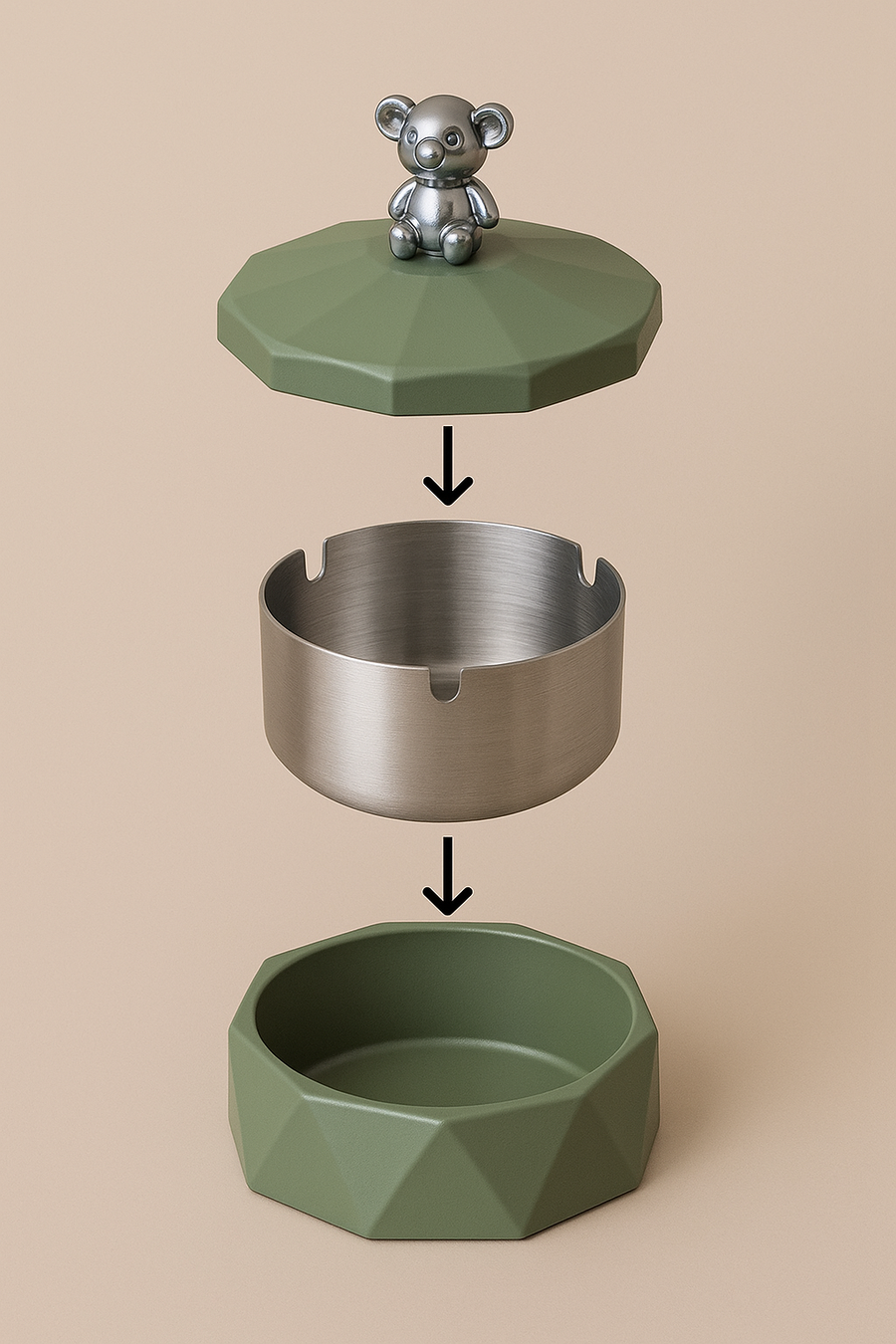 Stainless Steel & Plastic Base Portable Ashtray Spinning Lid Modern Tabletop Ashtray