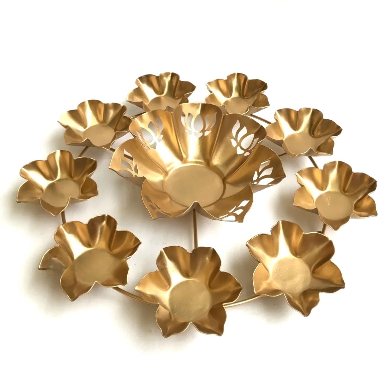 Gold Lotus Urli with Tea Light Candle Holders (Set of 9)