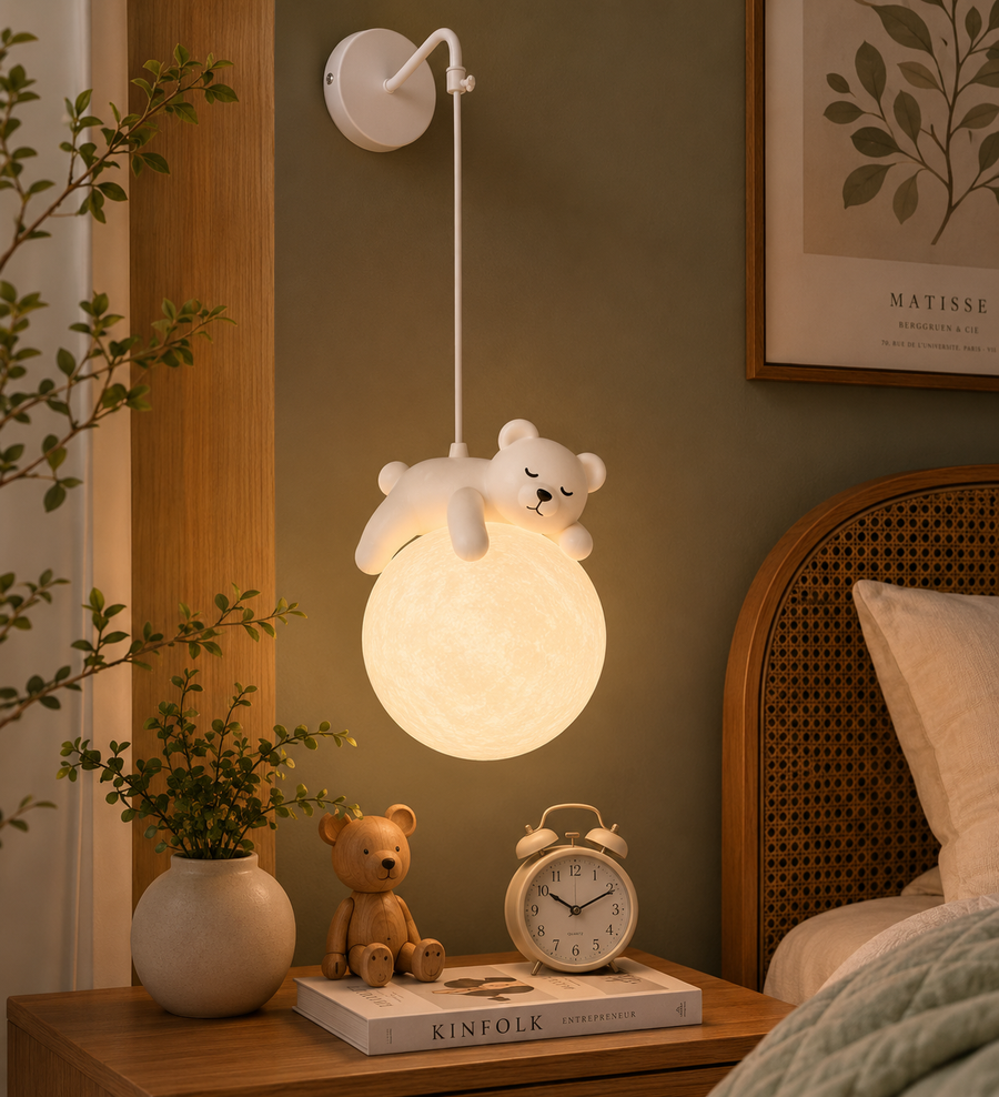 Coral Tree Sleeping Bear Moon Hanging Light for Kids Room | Decorative Wall Hanging Lamp | Warm Ambient Light