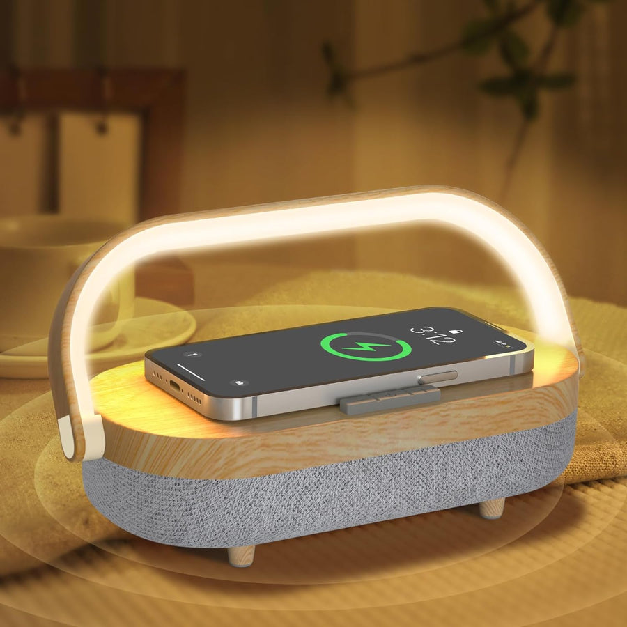 4 in 1 bedside Table Lamp with Wireless Charger, Portable Bluetooth Speaker, Phone Holder