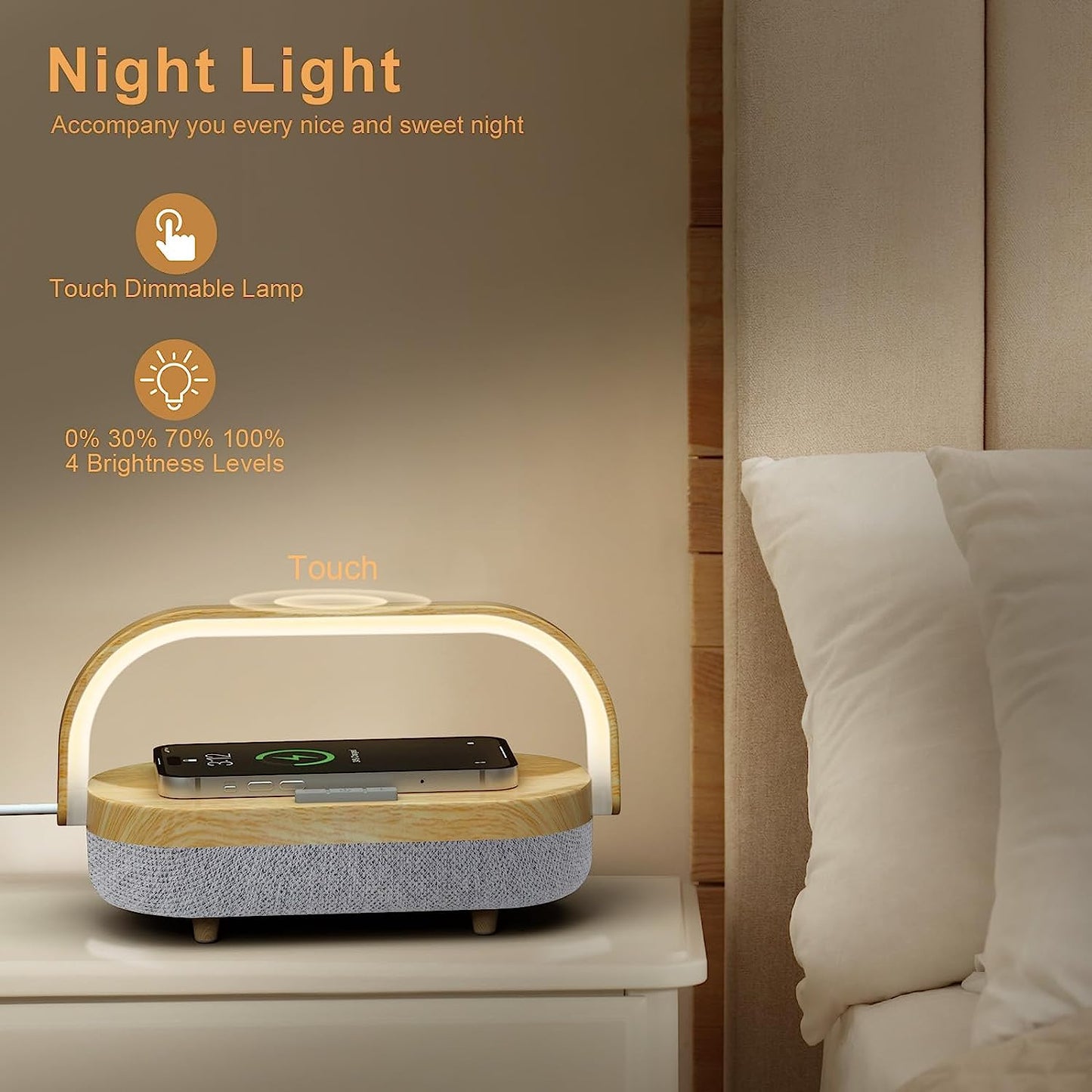 4 in 1 bedside Table Lamp with Wireless Charger, Portable Bluetooth Speaker, Phone Holder