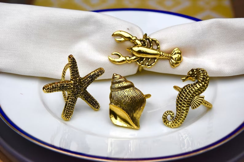 Beach Sea Life Gold Napkin Rings (set of 4