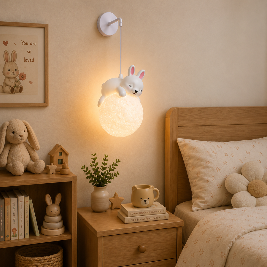Coral Tree Rabbit Moon Wall Hanging Light for Kids Room | Cute Bunny Moon Lamp | Resin & Acrylic Decorative Wall Light | Warm Ambient Lighting | 55 cm Height | G9 Bulb Included