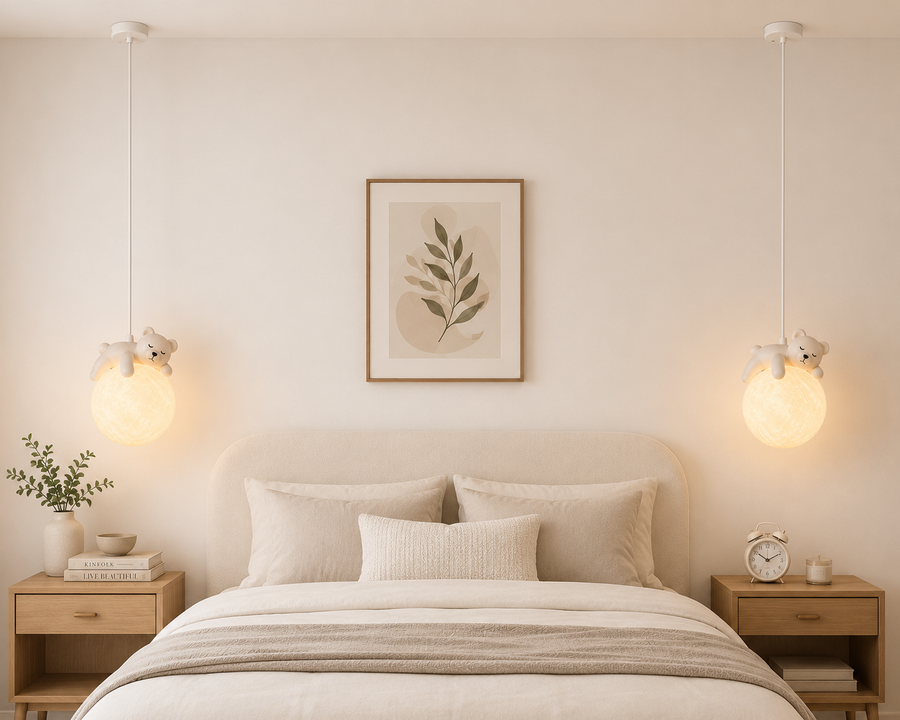 Coral Tree Bear Moon Pendant Light for Kids Room | Cute Sleeping Bear Hanging Lamp | Adjustable 200 cm Height | Moon Texture Globe Shade | E27 Holder | Nursery, Bedroom & Playroom Decor