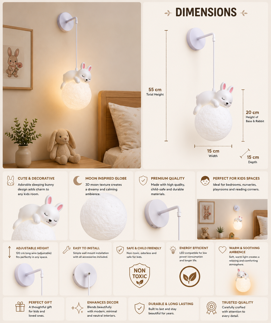 Coral Tree Rabbit Moon Wall Hanging Light for Kids Room | Cute Bunny Moon Lamp | Resin & Acrylic Decorative Wall Light | Warm Ambient Lighting | 55 cm Height | G9 Bulb Included