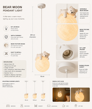 Coral Tree Bear Moon Pendant Light for Kids Room | Cute Sleeping Bear Hanging Lamp | Adjustable 200 cm Height | Moon Texture Globe Shade | E27 Holder | Nursery, Bedroom & Playroom Decor