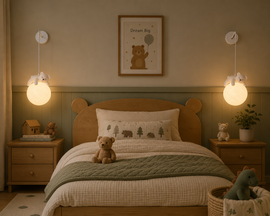 Coral Tree Sleeping Bear Moon Hanging Light for Kids Room | Decorative Wall Hanging Lamp | Warm Ambient Light