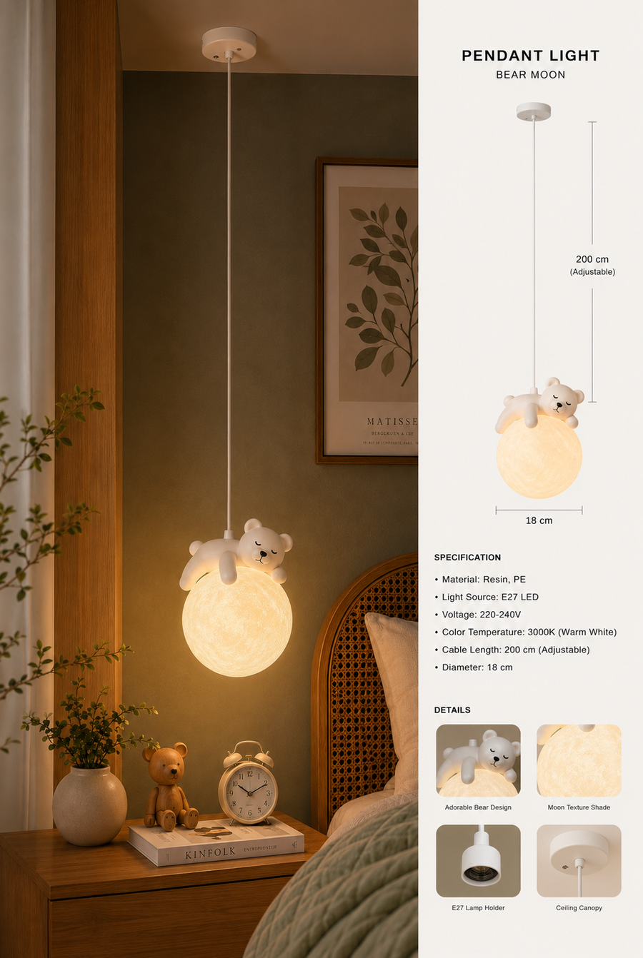 Coral Tree Bear Moon Pendant Light for Kids Room | Cute Sleeping Bear Hanging Lamp | Adjustable 200 cm Height | Moon Texture Globe Shade | E27 Holder | Nursery, Bedroom & Playroom Decor