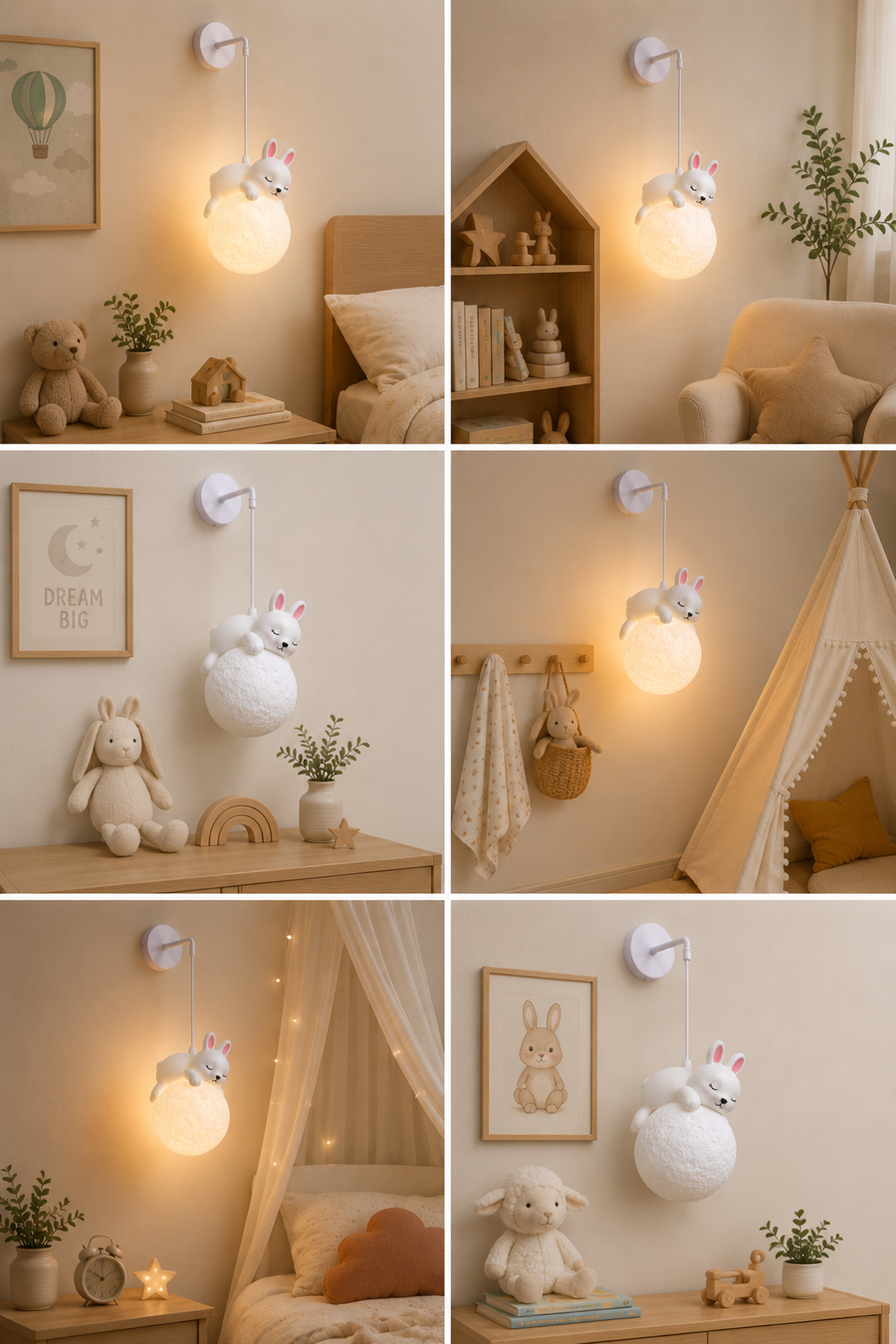Coral Tree Rabbit Moon Wall Hanging Light for Kids Room | Cute Bunny Moon Lamp | Resin & Acrylic Decorative Wall Light | Warm Ambient Lighting | 55 cm Height | G9 Bulb Included