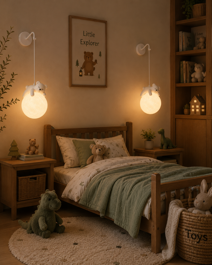 Coral Tree Sleeping Bear Moon Hanging Light for Kids Room | Decorative Wall Hanging Lamp | Warm Ambient Light
