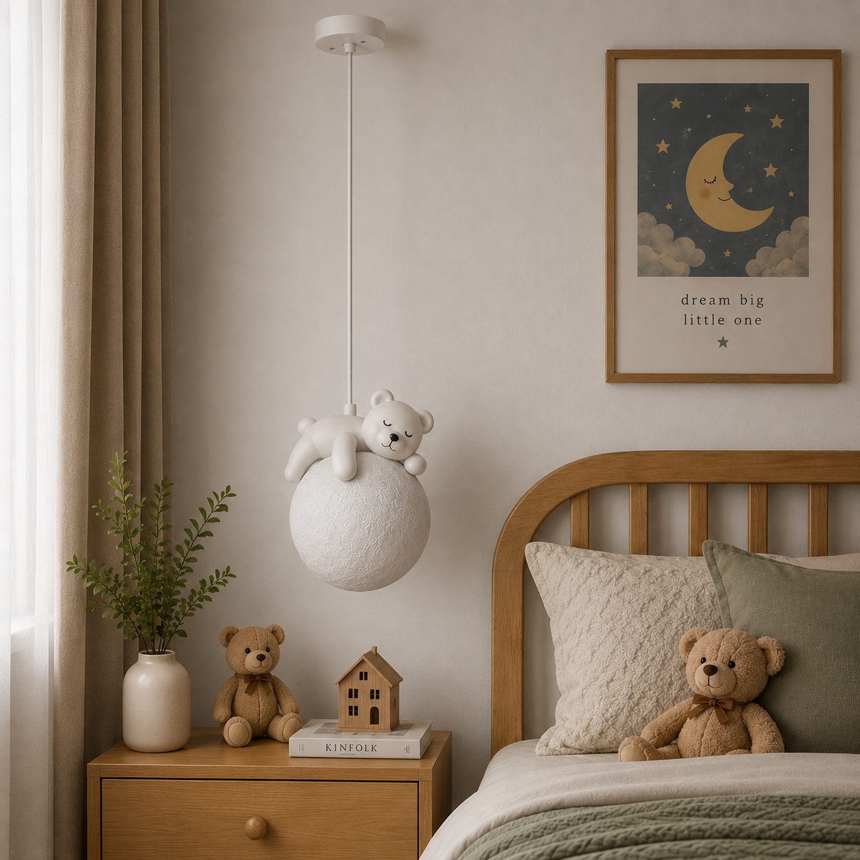 Coral Tree Bear Moon Pendant Light for Kids Room | Cute Sleeping Bear Hanging Lamp | Adjustable 200 cm Height | Moon Texture Globe Shade | E27 Holder | Nursery, Bedroom & Playroom Decor