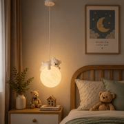 Coral Tree Bear Moon Pendant Light for Kids Room | Cute Sleeping Bear Hanging Lamp | Adjustable 200 cm Height | Moon Texture Globe Shade | E27 Holder | Nursery, Bedroom & Playroom Decor