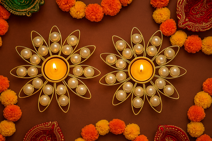 Pearl Decorative Diya for Home Décor | Festive Tealight Candle Holder | Centerpiece for Living Room & Puja | 12 Inch Round Designer Diya with Pearls