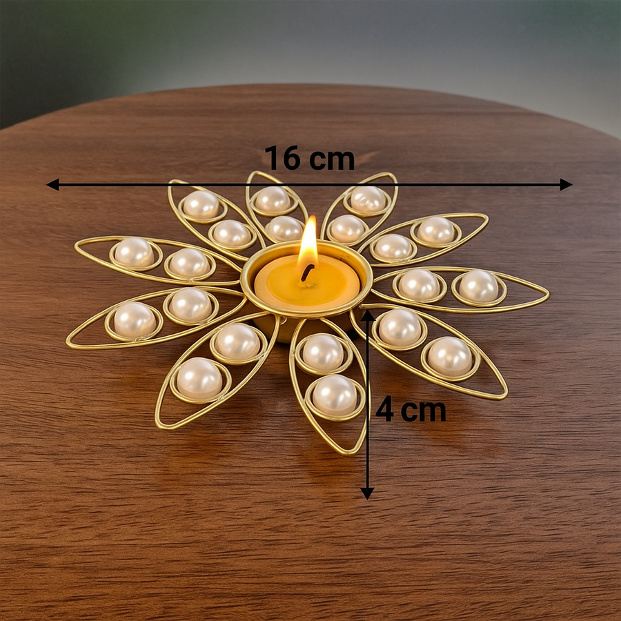 Pearl Decorative Diya for Home Décor | Festive Tealight Candle Holder | Centerpiece for Living Room & Puja | 12 Inch Round Designer Diya with Pearls