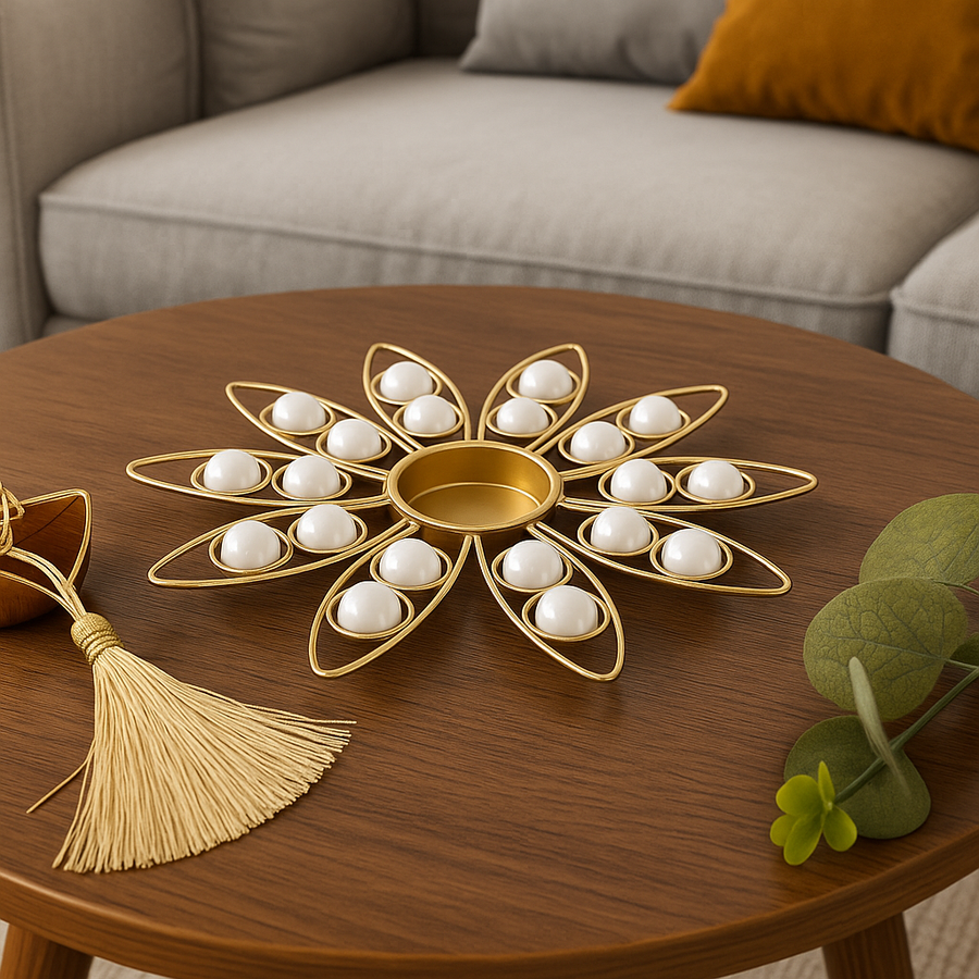 Pearl Decorative Diya for Home Décor | Festive Tealight Candle Holder | Centerpiece for Living Room & Puja | 12 Inch Round Designer Diya with Pearls