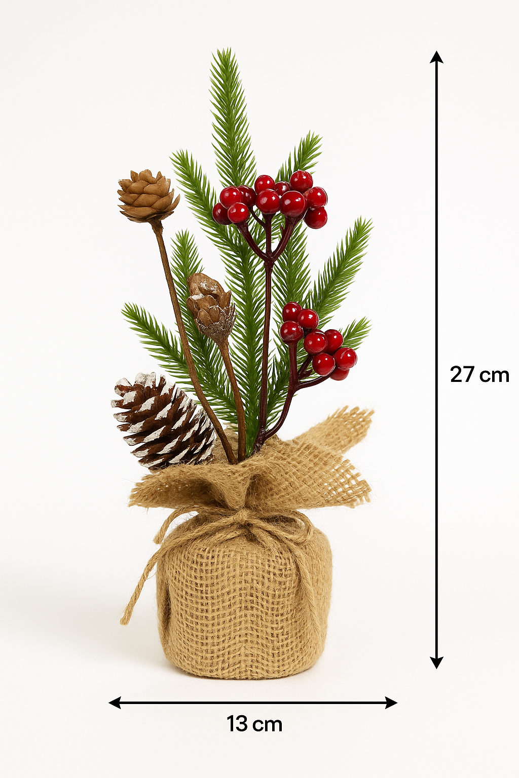 Christmas Table Decoration with Pinecones, Red Berries & Faux Greenery | Rustic Burlap Base | 27 cm Height – Festive Home & Office Décor