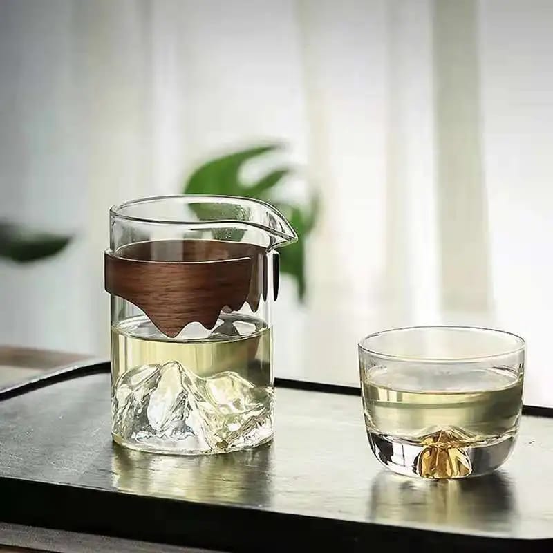 mountain glass cup with Wooden Grip