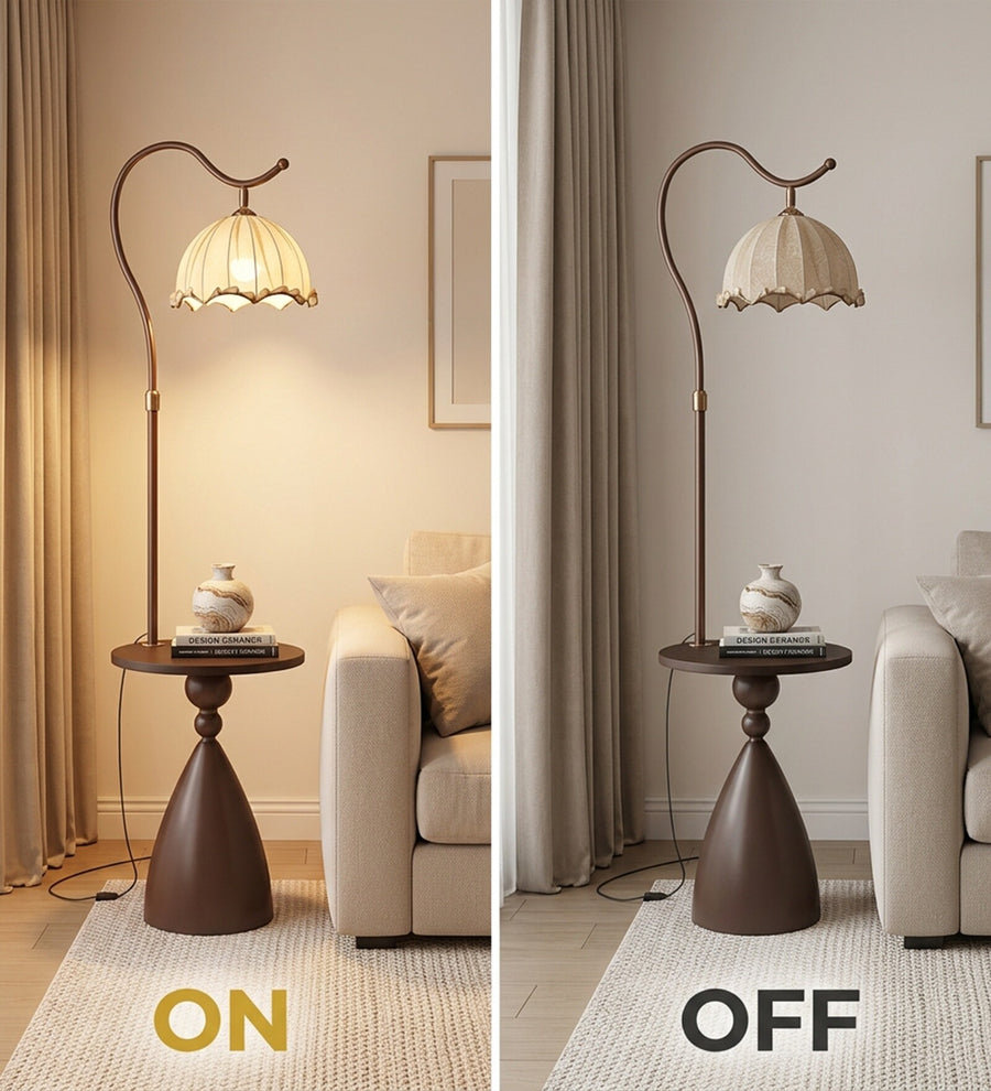 Coral Tree Modern Floor Lamp with Built-in Side Table | Wooden Finish | Fabric Pleated Shade | Ambient Living Room & Bedroom Standing Lamp