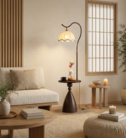 Coral Tree Modern Floor Lamp with Built-in Side Table | Wooden Finish | Fabric Pleated Shade | Ambient Living Room & Bedroom Standing Lamp